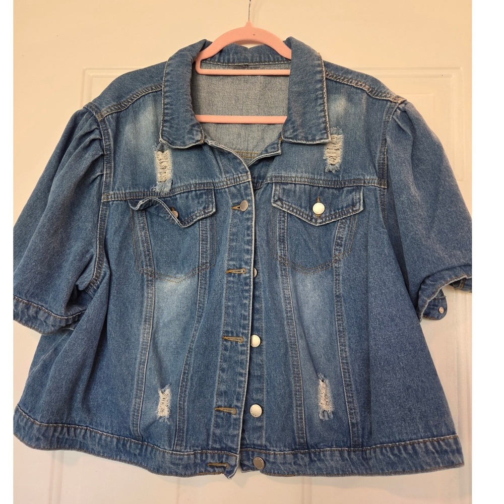 Womens Plus Size 4XL Distressed Short Puff Sleeve Cropped Denim Jean Jacket Blue